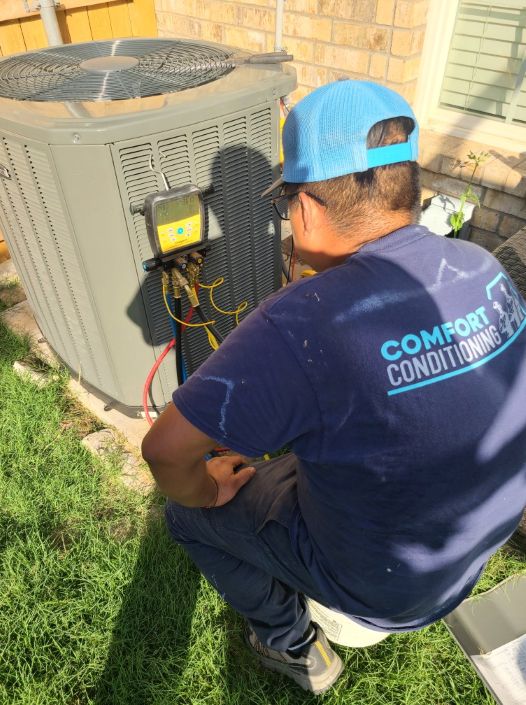 AC Install Concrete Pads Wired Setup Image of an air conditioning unit, featuring Comfort Conditioning and highlighting AC installation with concrete pads and wired setup for stable and secure operation.
