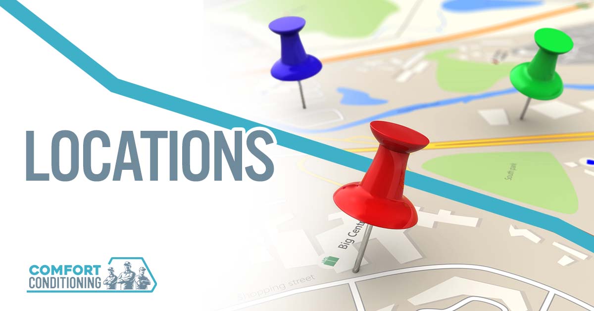 Image of a city map with three location pins, featuring Comfort Conditioning and highlighting the various service locations they cover.